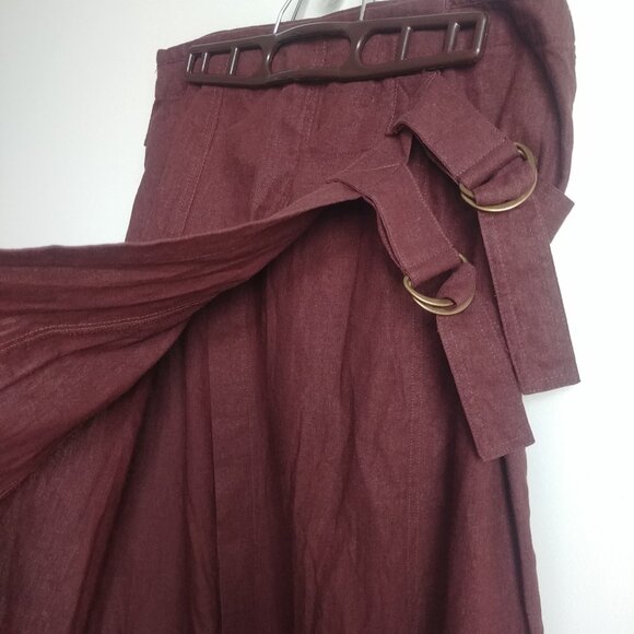 Studio Point linen blend chocolate brown wrap style midi skirt front slit 10 - Picture 3 of 15